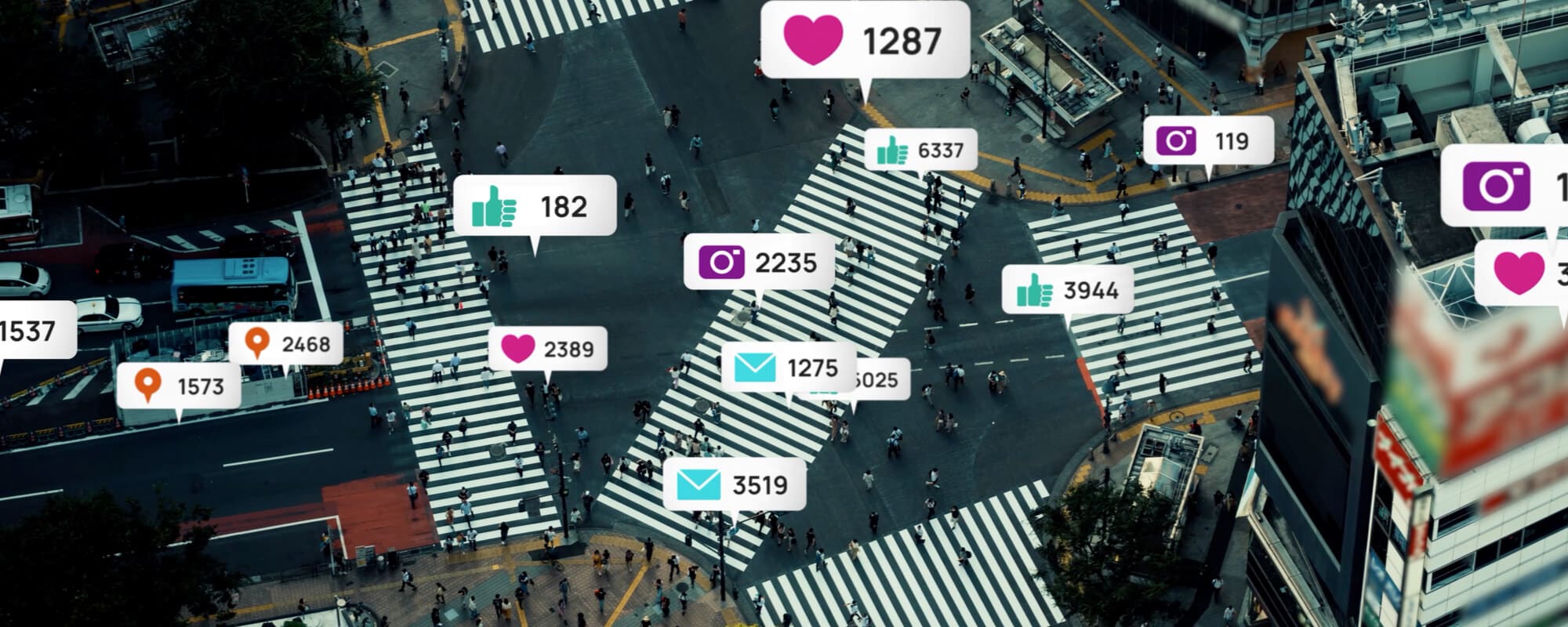 Global social media, notifications showing on pavement