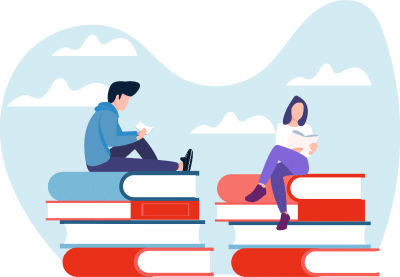 a man and woman sitting on books